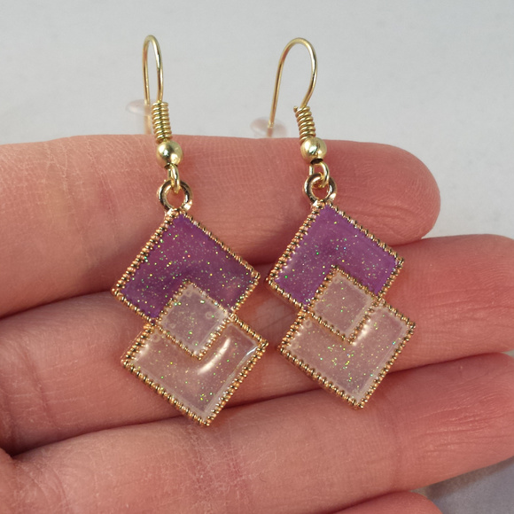 New Gold Geometric Diamond Shape Mystic Purple White Diamond Dangle Earrings - Picture 2 of 2